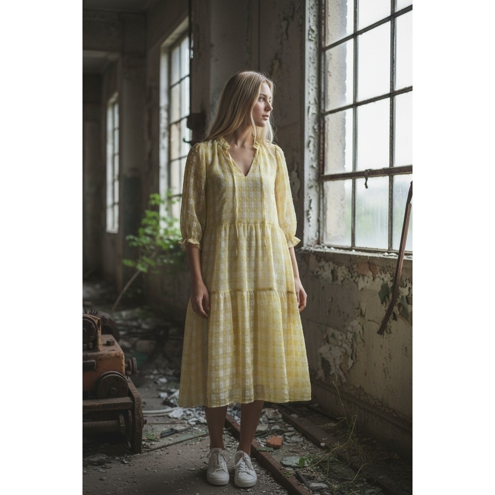 Nanette Lepore Yellow Gingham Clip Dot Tiered Midi Dress Womens Size 2